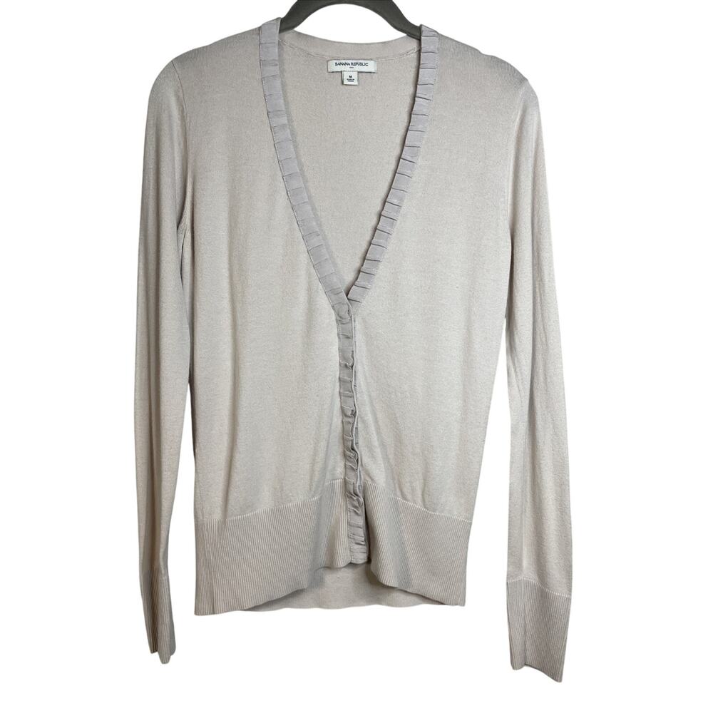 Banana Republic Beige Button Front Cardigan-Ruffle Trim - Sz Medium - HOL10